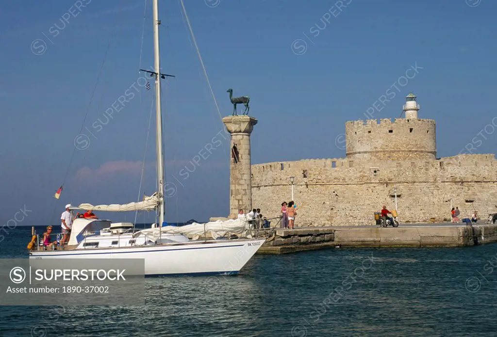 Fortress of St. Nicholas, Mandraki Harbour, Rhodes, Dodecanese islands, Greece, Mediterranean, Europe