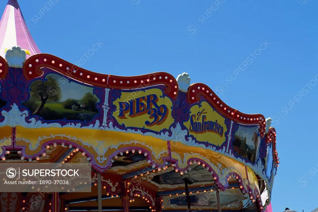 Detail of a decorated carousel on Pier 39, Fisherman´s Wharf, San Francisco, California, United States of America, North America