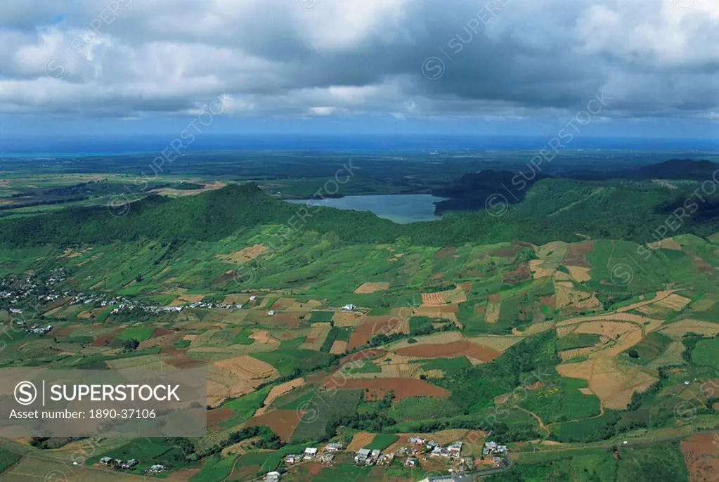 Aerial view over farmed fields of the central plains, island of Mauritius, Africa
