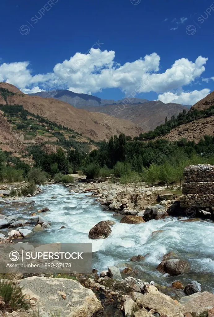 River and mountains in the Kalash region near Bumburet village in Chitral, Pakistan, Asia