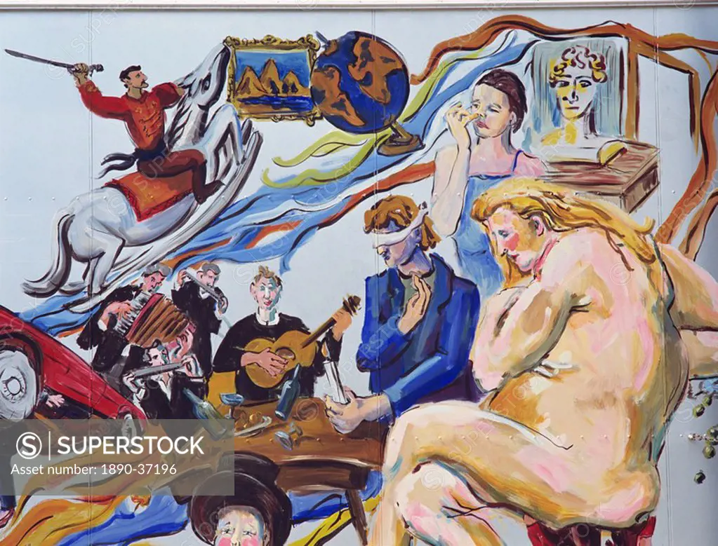 Mural of a nude woman, blindfolded man and musicians painted on the Berlin Wall in Berlin, Germany, Europe