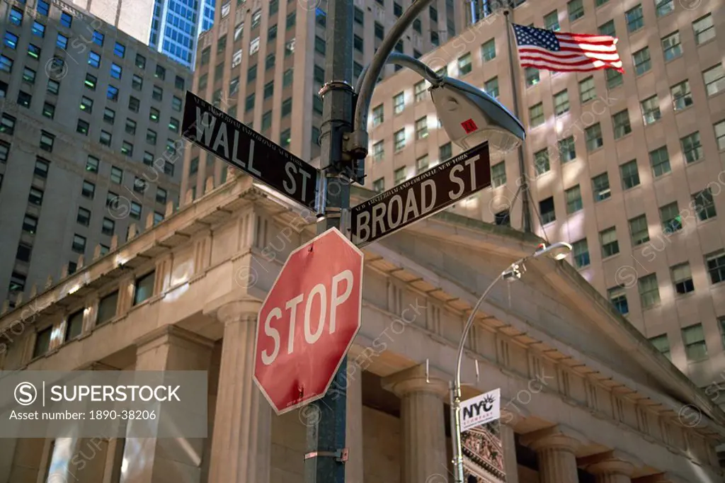 Stop sign at junction of Wall Street and Broad Street, New York City, United States of America, North America