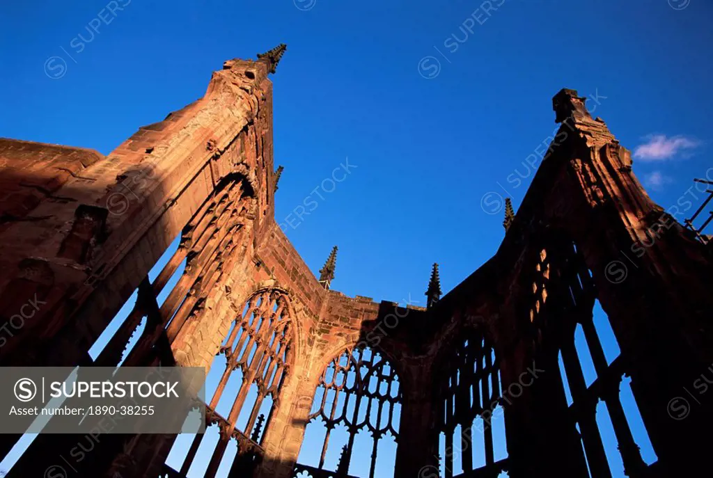 Cathedral ruins in evening light, Coventry, West Midlands, England, United Kingdom, Europe