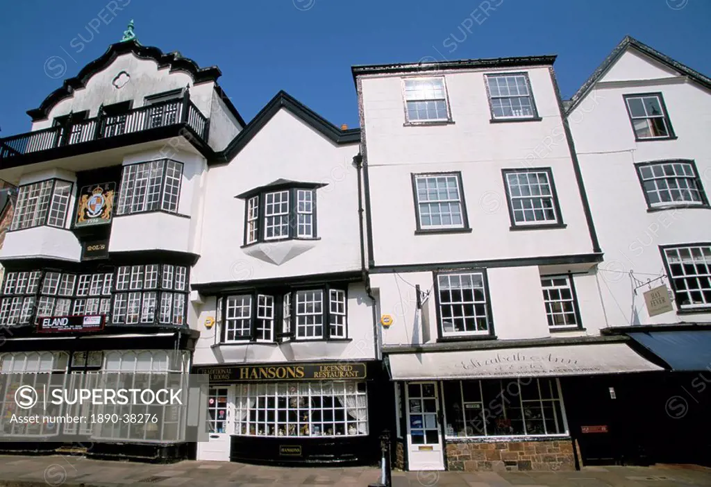 Shops in Tudor buildings, Cathedral Green, Exeter, Devon, England, United Kingdom, Europe