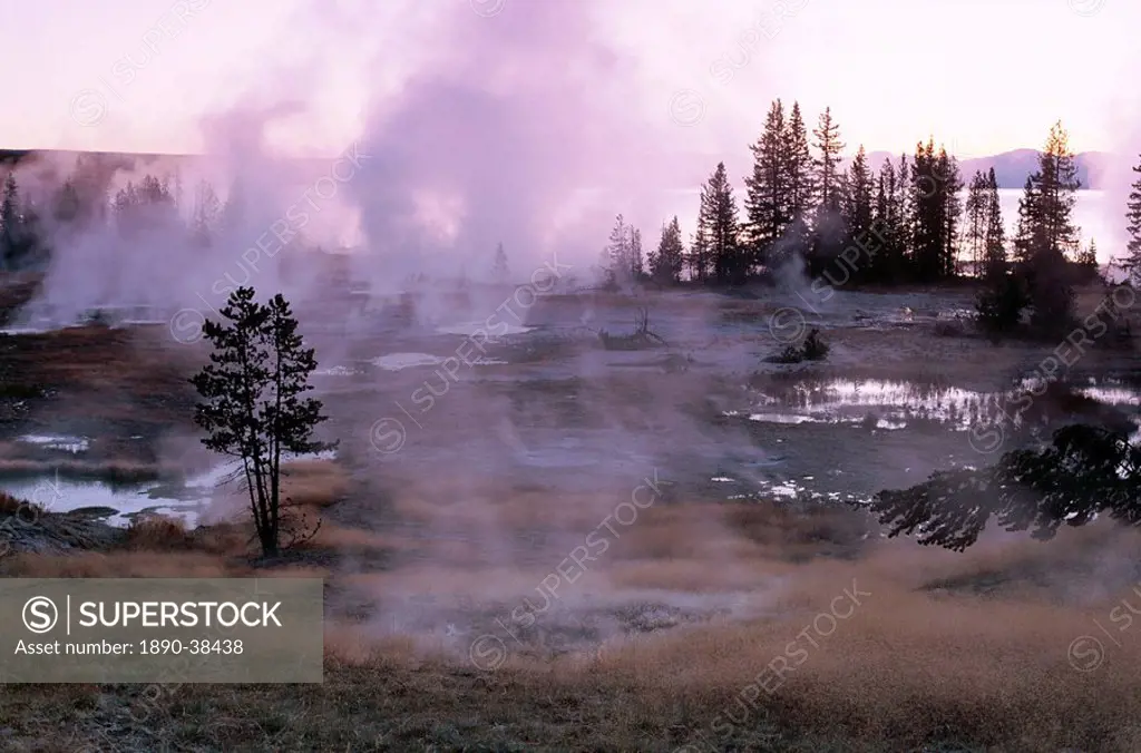 Hot springs at dawn, near West Thumb Geyser Basin, Yellowstone National Park, UNESCO World Heritage Site, Wyoming, United States of America U.S.A., No...