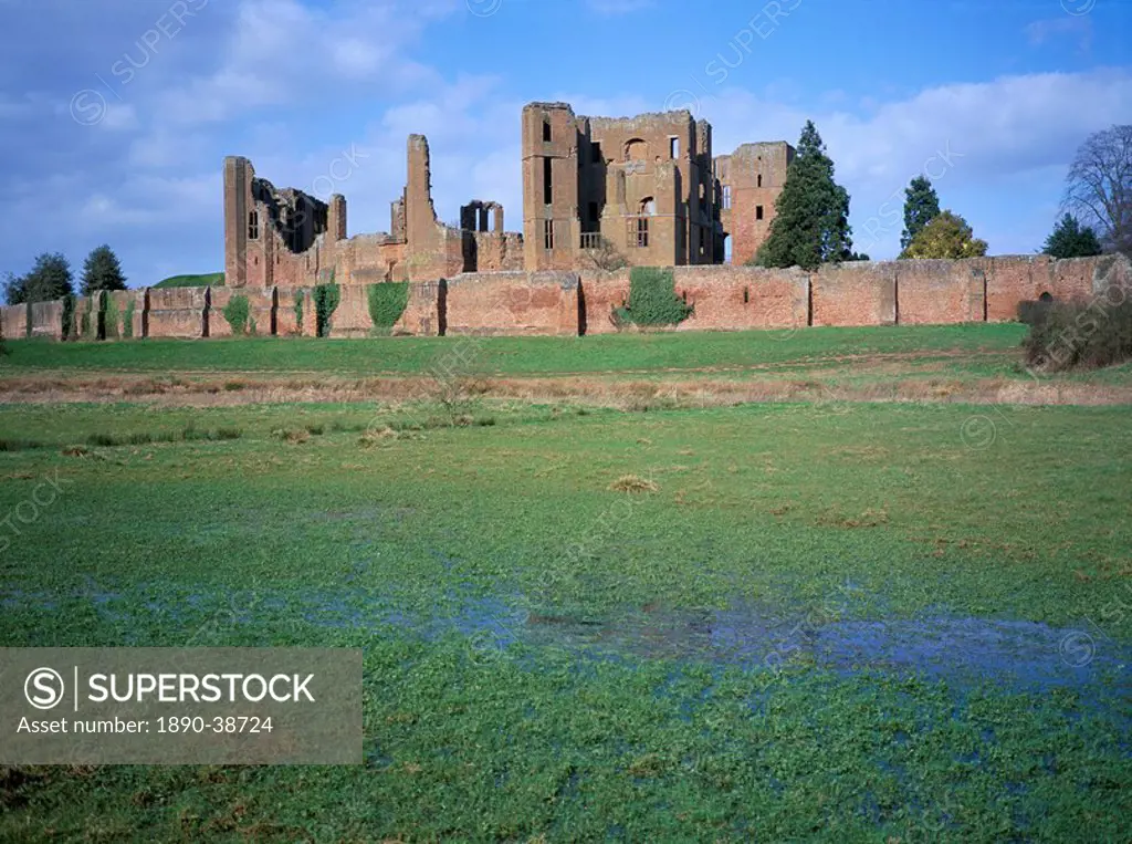 Castle exterior from the water meadow, Kenilworth Castle, managed by English Heritage, Warwickshire, England, United Kingdom, Europe