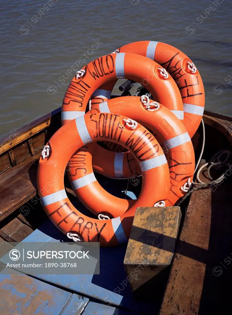 Southwold Ferry lifebelts, Sussex Harbour, Southwold, Suffolk, England, United Kingdom, Europe