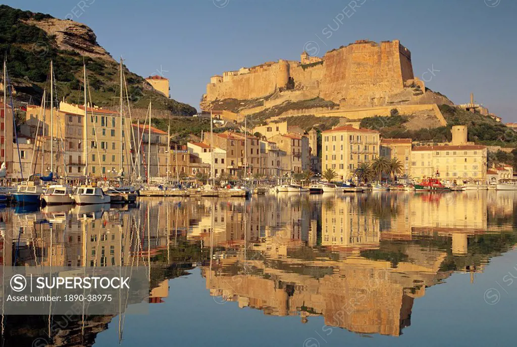 Yachts moored in the harbour, with the citadel behind, Bonifacio, Corsica, France