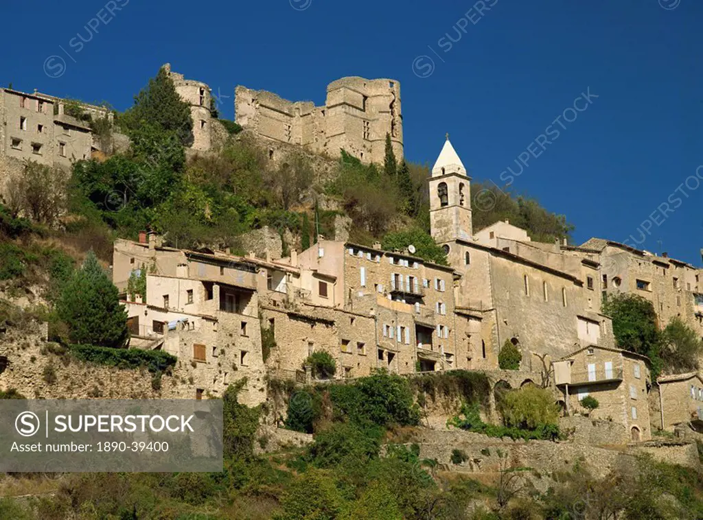 Houses, church and old walls at Montbrun les Bains in Drome, Rhone_Alpes, France, Europe
