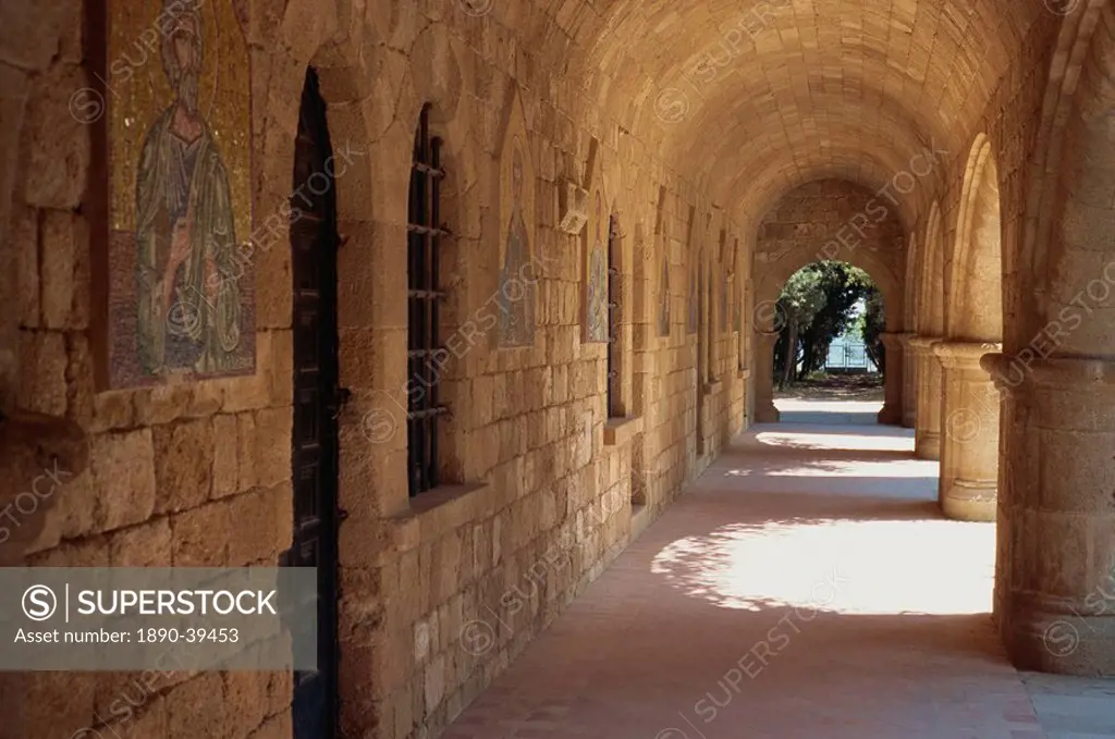 Cloisters in the Christian Monastery of Pileramos and Temple of Athena, at Ialyssos on the island of Rhodes, Dodecanese, Greek Islands, Greece, Europe