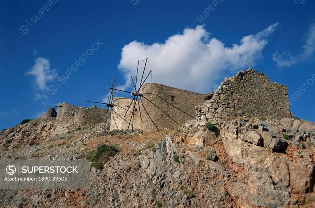 Old windmills at the entrance to the plateau, at 2700 ft., Lassithi Lasithi Plain, on the island of Crete, Greek Islands, Greece, Europe