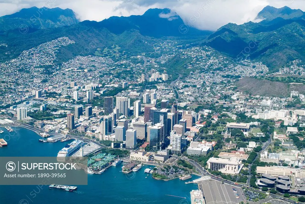Aerial view of Honolulu and Waikiki, Oahu, Hawaii, United States of America, Pacific, North America