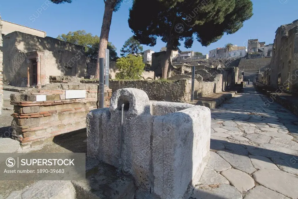The ruins of Herculaneum, a large Roman town destroyed in 79AD by a volcanic eruption from Mount Vesuvius, UNESCO World Heritage Site, near Naples, Ca...