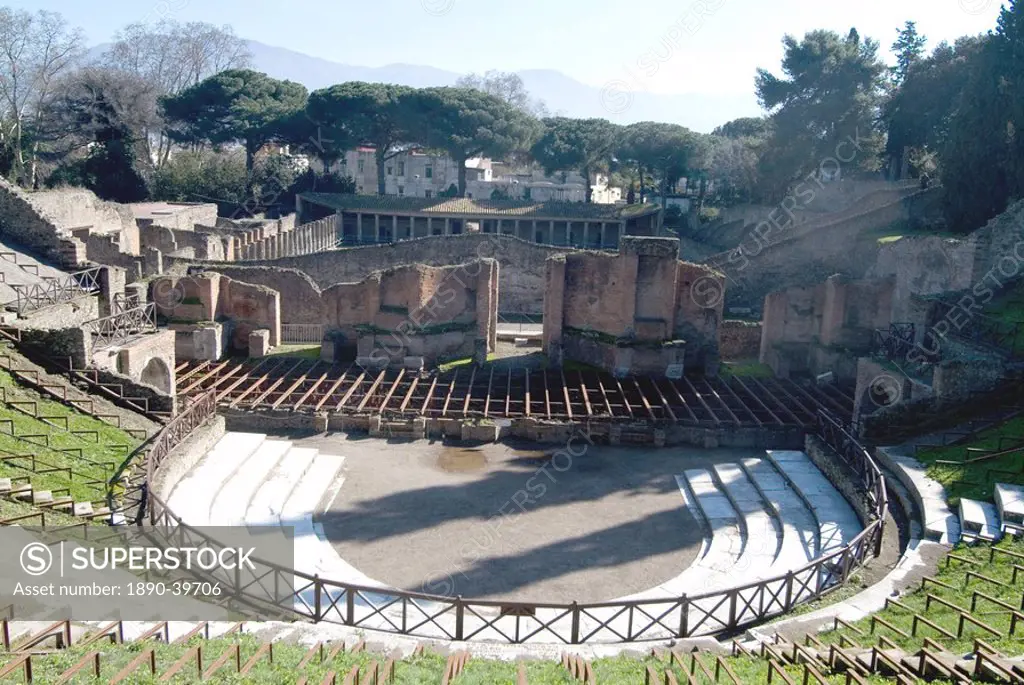 Amphitheatre in the ruins of Pompeii, a large Roman town destroyed in 79AD by a volcanic eruption from Mount Vesuvius, UNESCO World Heritage Site, nea...