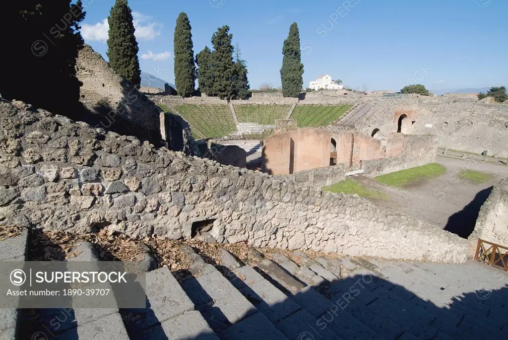 Amphitheatre in the ruins of Pompeii, a large Roman town destroyed in 79AD by a volcanic eruption from Mount Vesuvius, UNESCO World Heritage Site, nea...
