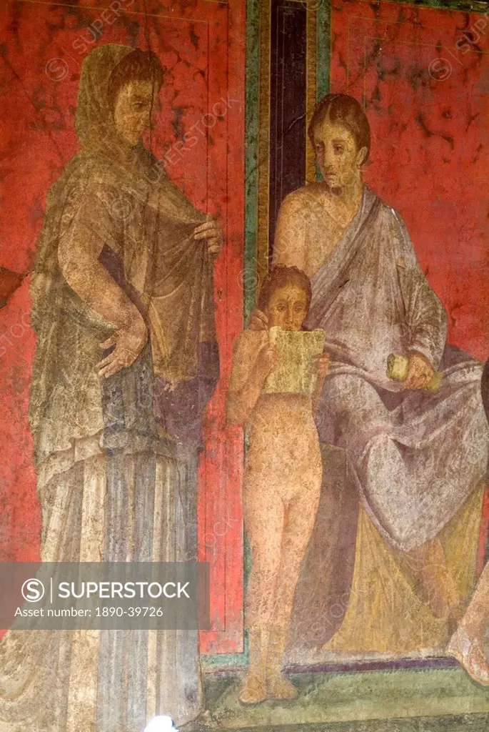 Fresco at the Villa dei Misteri, Pompeii, a large Roman town destroyed in 79AD by a volcanic eruption from Mount Vesuvius, UNESCO World Heritage Site,...
