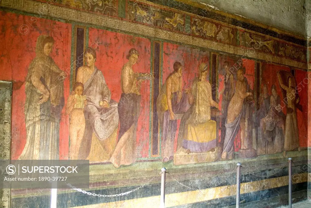 Fresco at the Villa dei Misteri, Pompeii, a large Roman town destroyed in 79AD by a volcanic eruption from Mount Vesuvius, UNESCO World Heritage Site,...