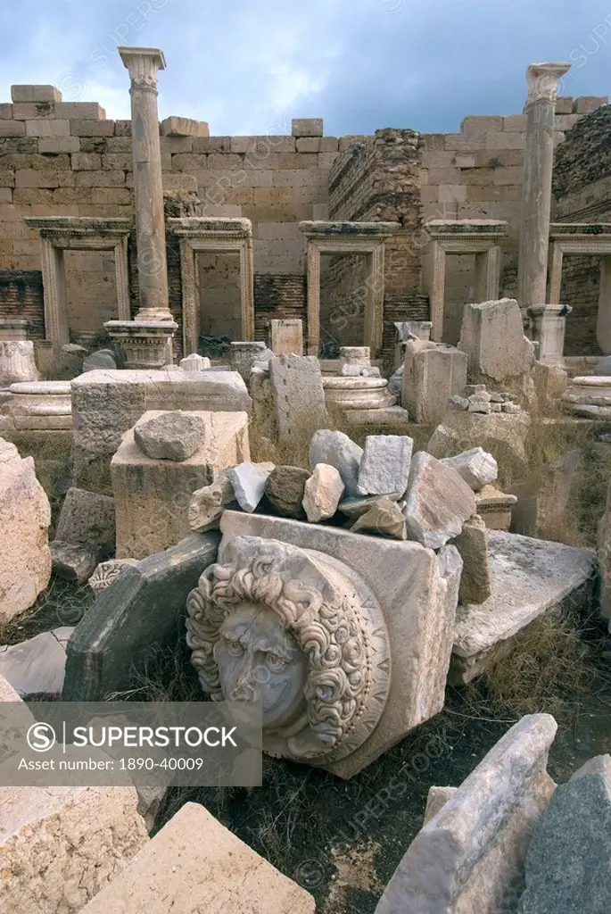 Severan Forum with gorgon head, Roman site of Leptis Magna, UNESCO World Heritage Site, Libya, North Africa, Africa