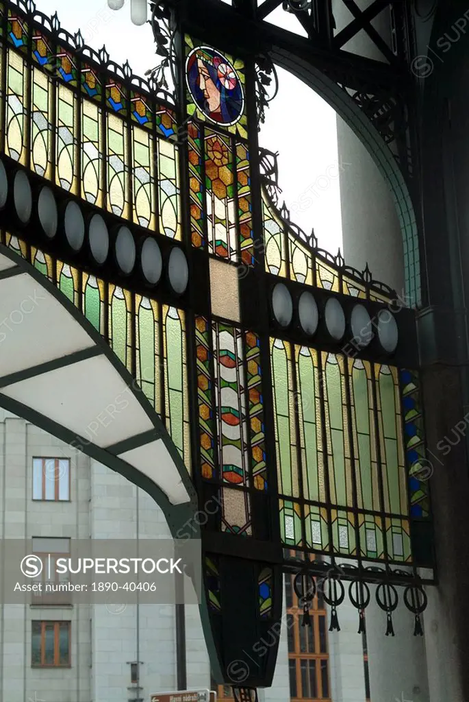 Stained glass Art Nouveau Jugendstil detail, Municipal House, Prague, Czech Republic, Europe