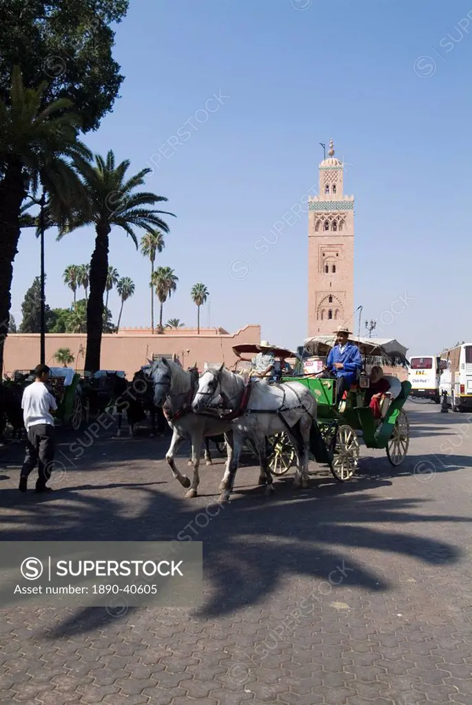 Horse and carriage near Jemaa el Fna with Koutoubia in background, Marrakech, Morocco, North Africa, Africa