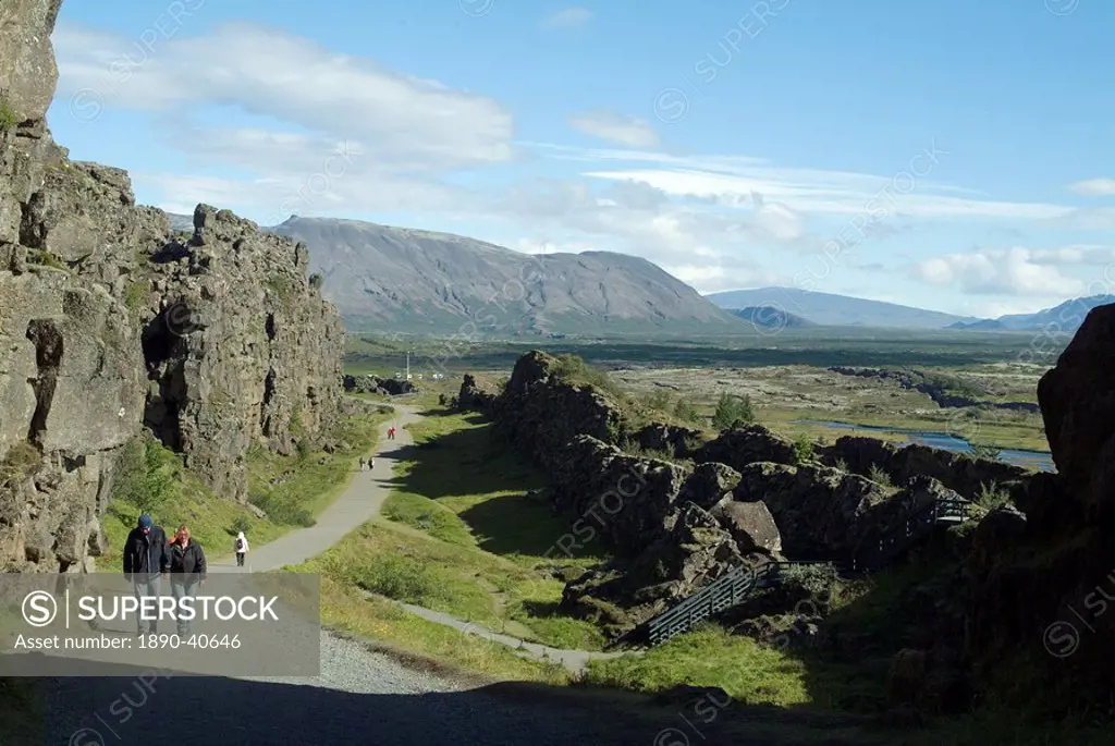 Thingvellir, site of original 10th century Althingi Parliament and geographical rift between Europe and North America, Iceland, Polar Regions