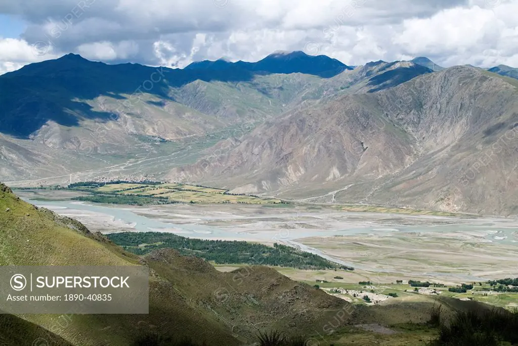 View of Tibetan plateau, from Ganden Monastery, near Lhasa, Tibet, China, Asia