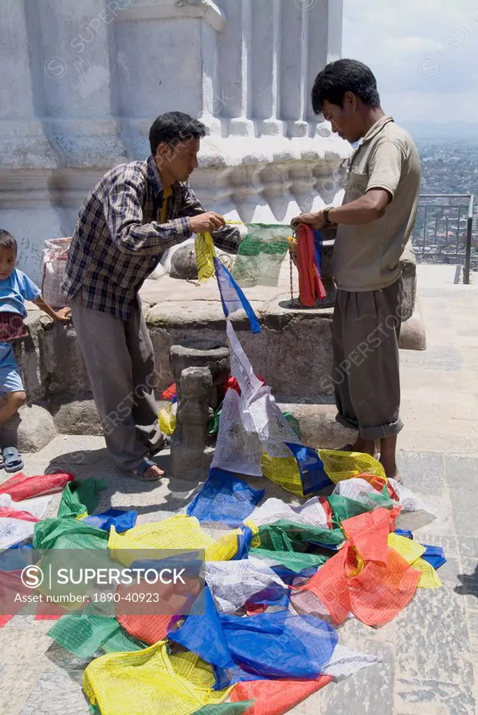 Selling prayer flags, Swayambhunath Monkey Temple, Kathmandu, Nepal, Asia