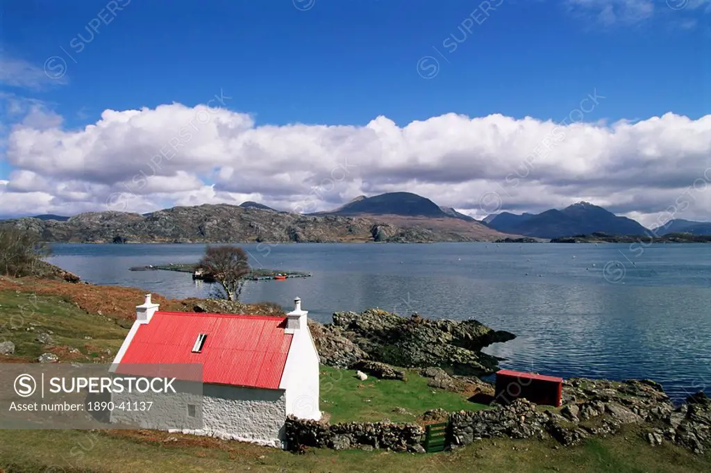 Red roofed cottage, Loch Torridon, Wester Ross, Highlands, Scotland, United Kingdom, Europe
