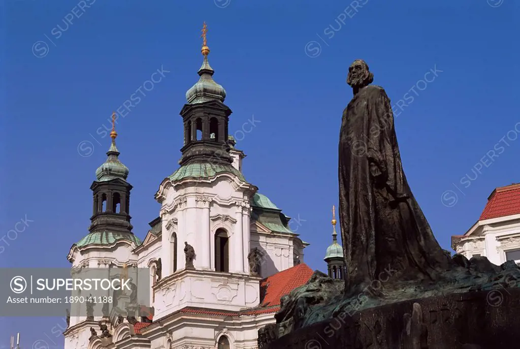 Jan Hus Monument and Church of St. Nicolas, Old Town Square, Prague, Czech Republic, Europe