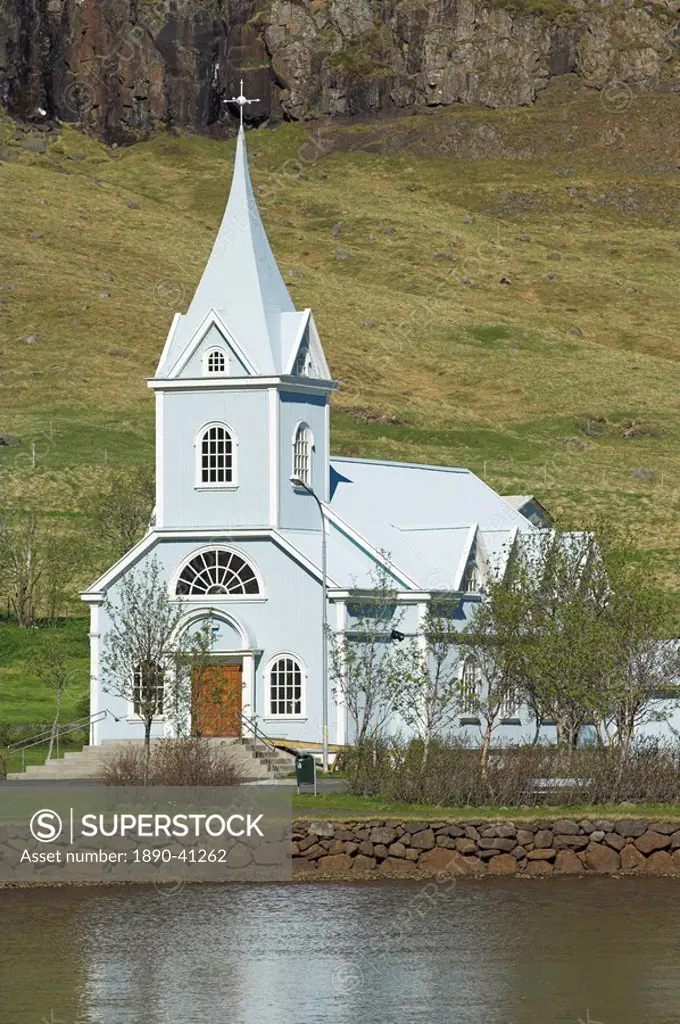 Blue Lutheran church, Seydisfjordur ferry terminal village, North East area, Iceland, Polar Regions