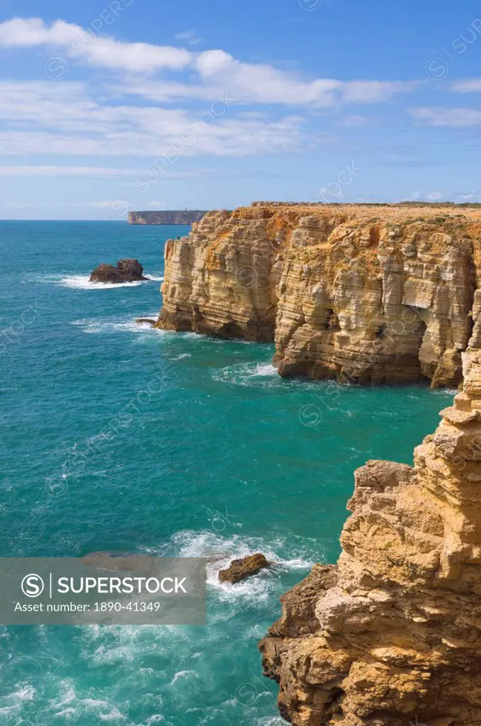 Atlantic ocean and cliffs on the Cape St. Vincent peninsula, Sagres, Algarve, Portugal, Europe