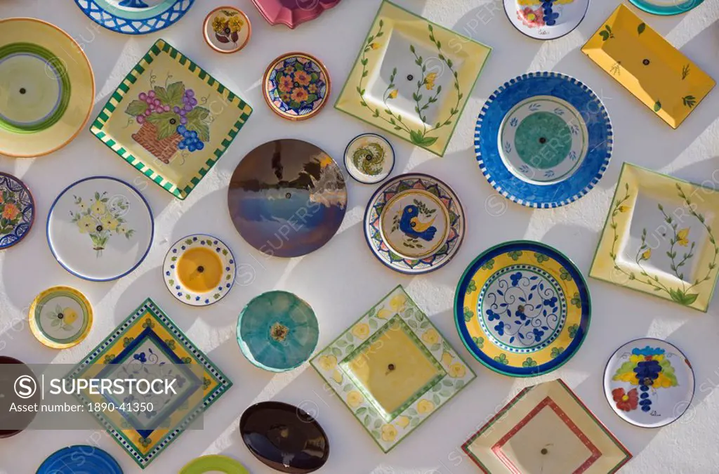 Traditional Portuguese pottery at artisan workshop with plates on wall, Cape St. Vincent peninsula, Sagres, Algarve, Portugal, Europe