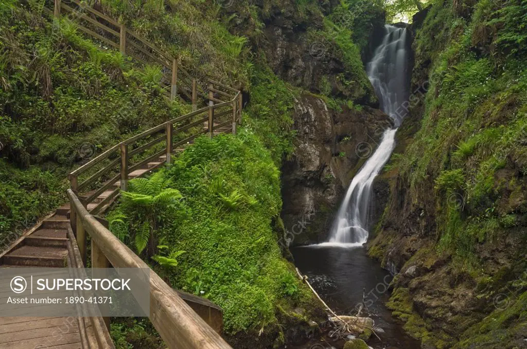 Visitor walkway and steps, Ess_na_Larach waterfall, Glenariff Country Park near Waterfoot, County Antrim, Ulster, Northern Ireland, United Kingdom, Eu...