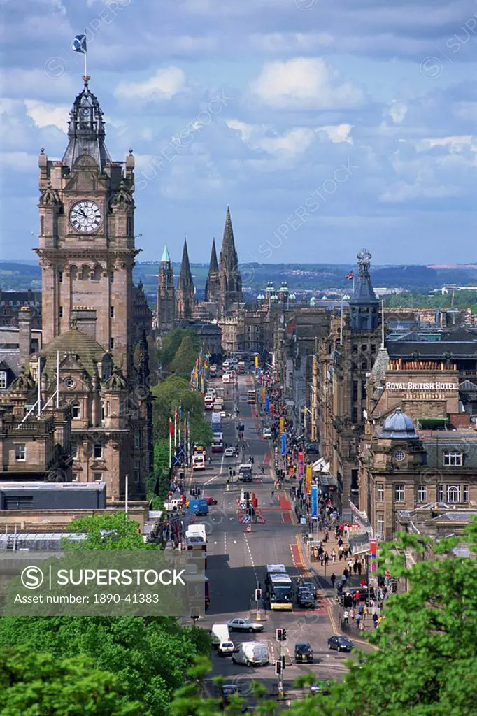 City skyline and high level view over Princes Street, city centre, Edinburgh, Lothian, Scotland, United Kingdom, Europe