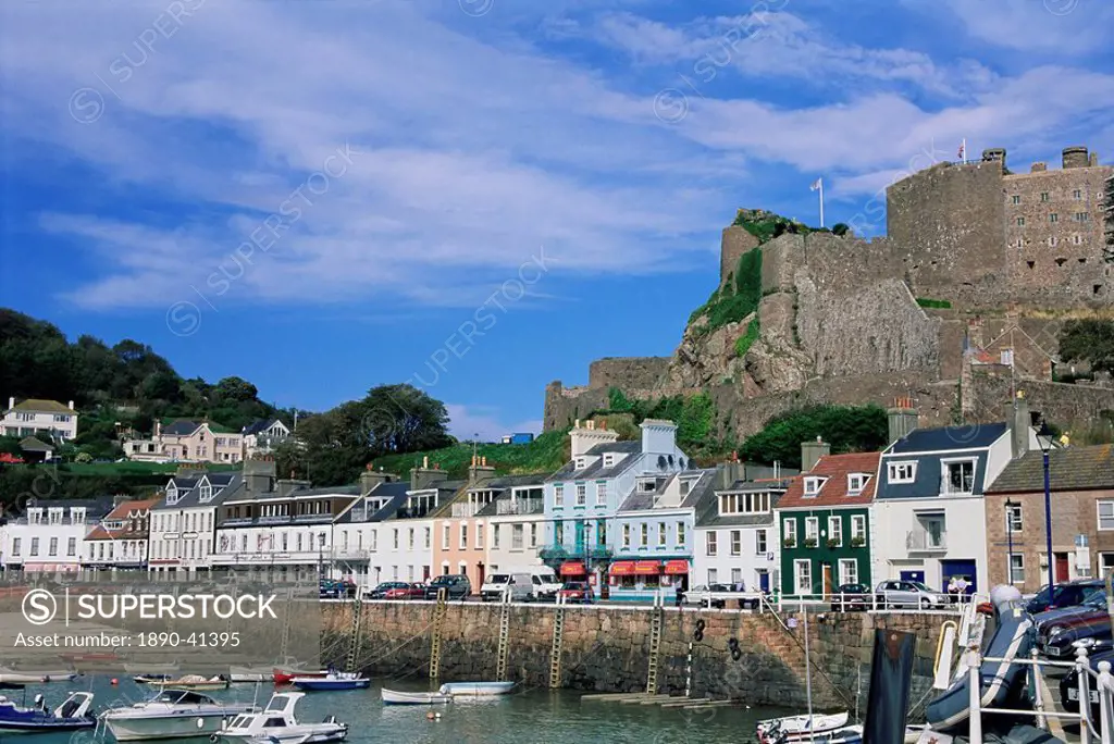 Mount Orgueil Castle and harbour, Gorey, Grouville, Jersey, Channel Islands, United Kingdom, Europe