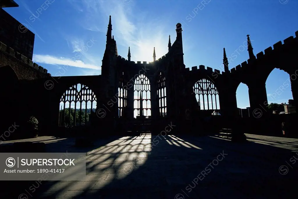 Sunlight through windows in the old Christian cathedral ruins, Coventry, Warwickshire, West Midlands, England, United Kingdom, Europe