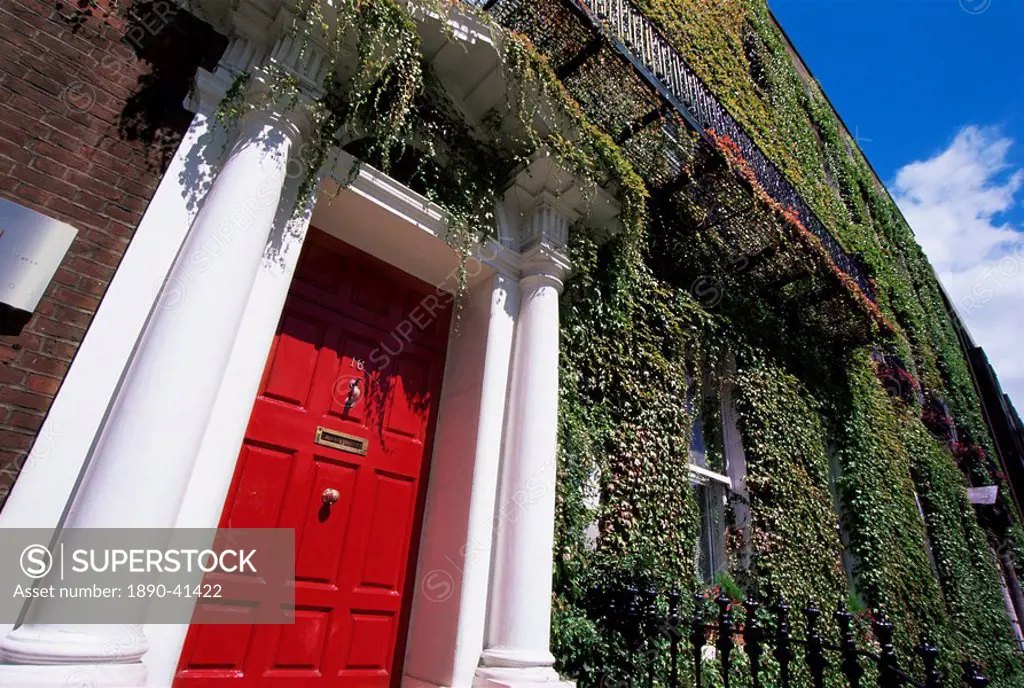 Red door and ivy covered building, St. Stephens Green, Dublin, Eire Republic of Ireland, Europe
