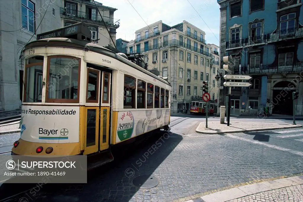 Tram in the Baixa district, Lisbon, Portugal, Europe