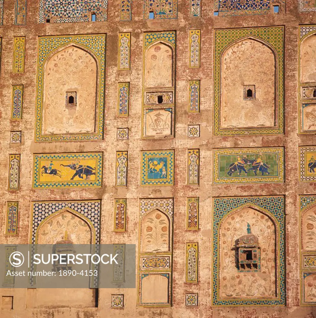 Close_up of decorative tiles on a brick building in Lahore, Pakistan, Asia