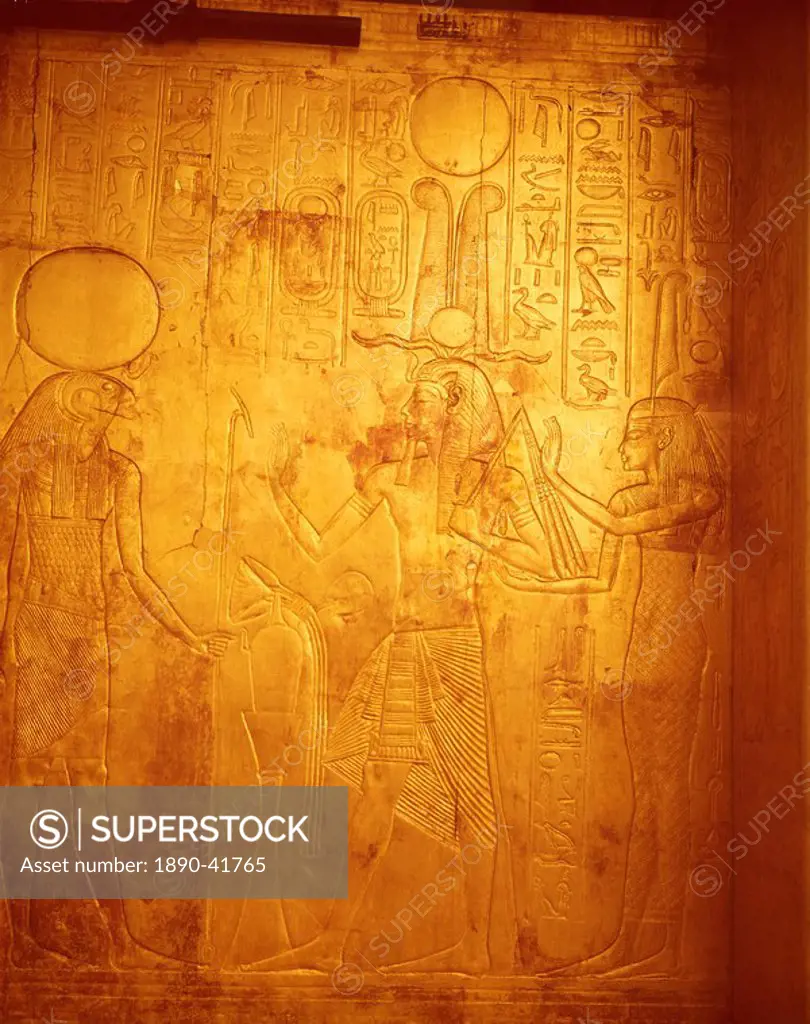 Detail of the king wearing Osiris crown with gods Reherakte and Maat on shrine of Tutankhamun, Cairo Museum, Egypt, North Africa, Africa