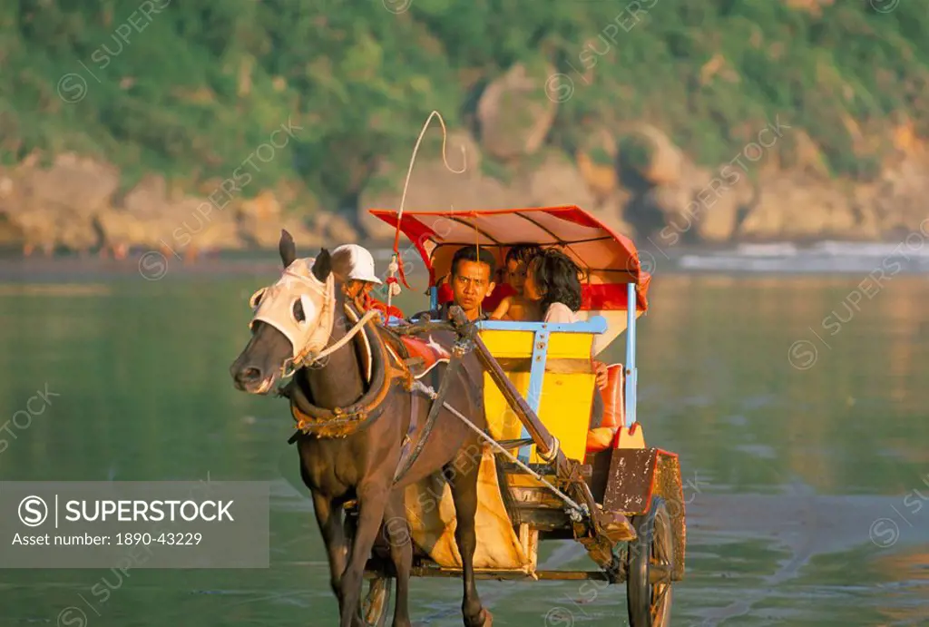 Horse and cart at the sanctuary of Ratu Kidul queen of the seas of the south, Parang_Tritis beach, island of Java, Indonesia, Southeast Asia, Asia