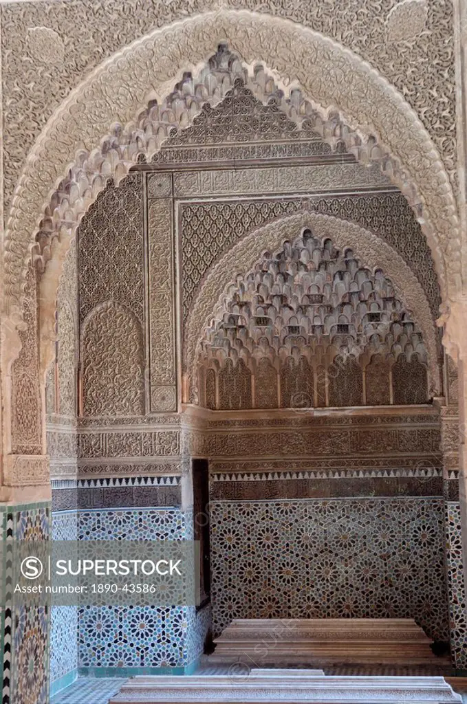The Saadian tombs in the Kasbah district, dating back to the time of the Sultan Ahmed Al Mansour, who died in 1603, Medina, Marrakesh, Morocco, North ...