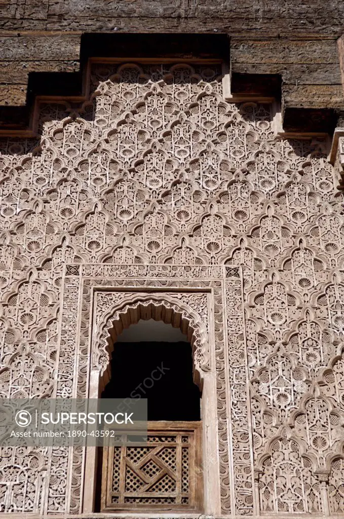 The Medersa Ben Youssef, the largest in Morocco, built by the Almoravide dynasty and then rebuilt in the 19th century, richly decorated in marble, car...