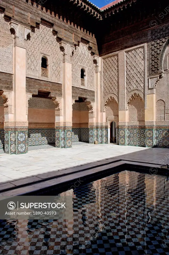 The Medersa Ben Youssef, the largest in Morocco, built by the Almoravide dynasty and then rebuilt in the 19th century, richly decorated in marble, car...