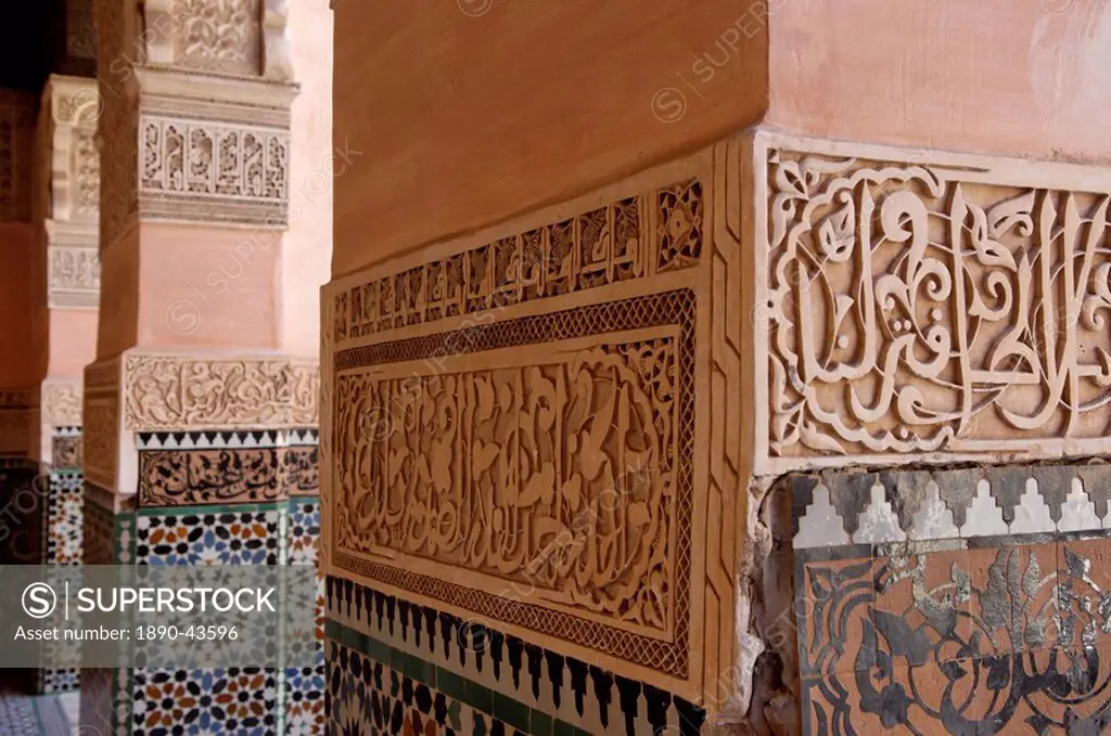 The Medersa Ben Youssef, the largest in Morocco, built by the Almoravide dynasty and then rebuilt in the 19th century, richly decorated in marble, car...