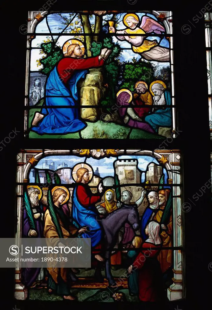 Stained glass of Christ entering Jerusalem and the Garden of Gethsemane, Chartres Cathedral, UNESCO World Heritage Site, Val_de_Loire, Centre, France,...