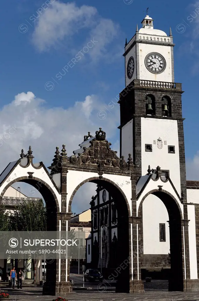 The Three Arches, symbolic old gates of the city, Ponta Delgada, Sao Miguel Island, Azores, Portugal, Europe
