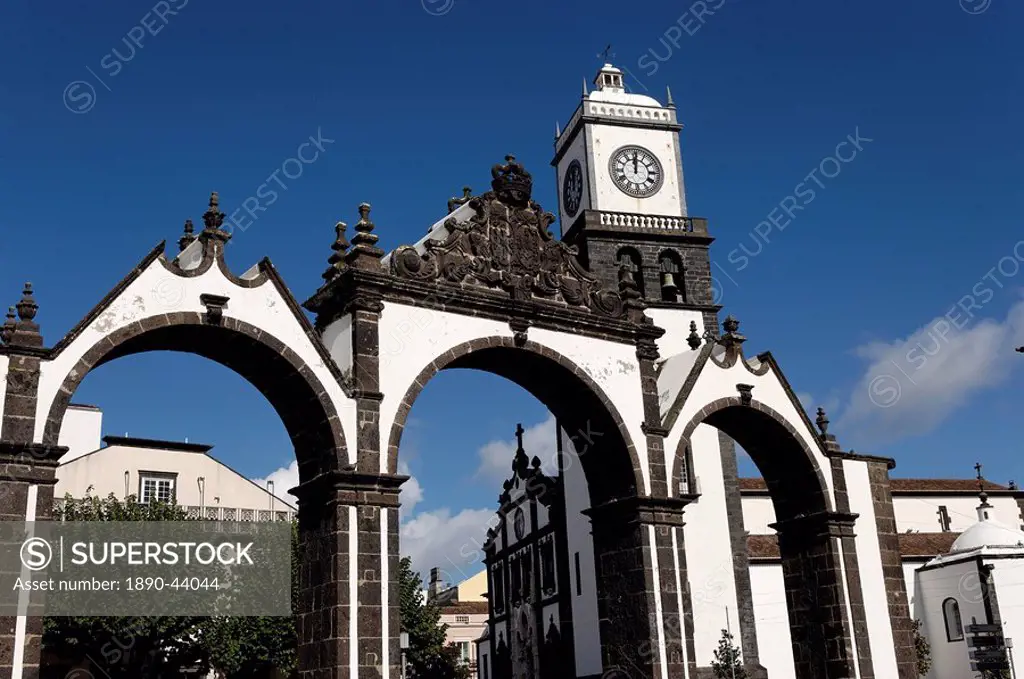 The Three Arches, symbolic old gates of the city, Ponta Delgada, Sao Miguel Island, Azores, Portugal, Europe