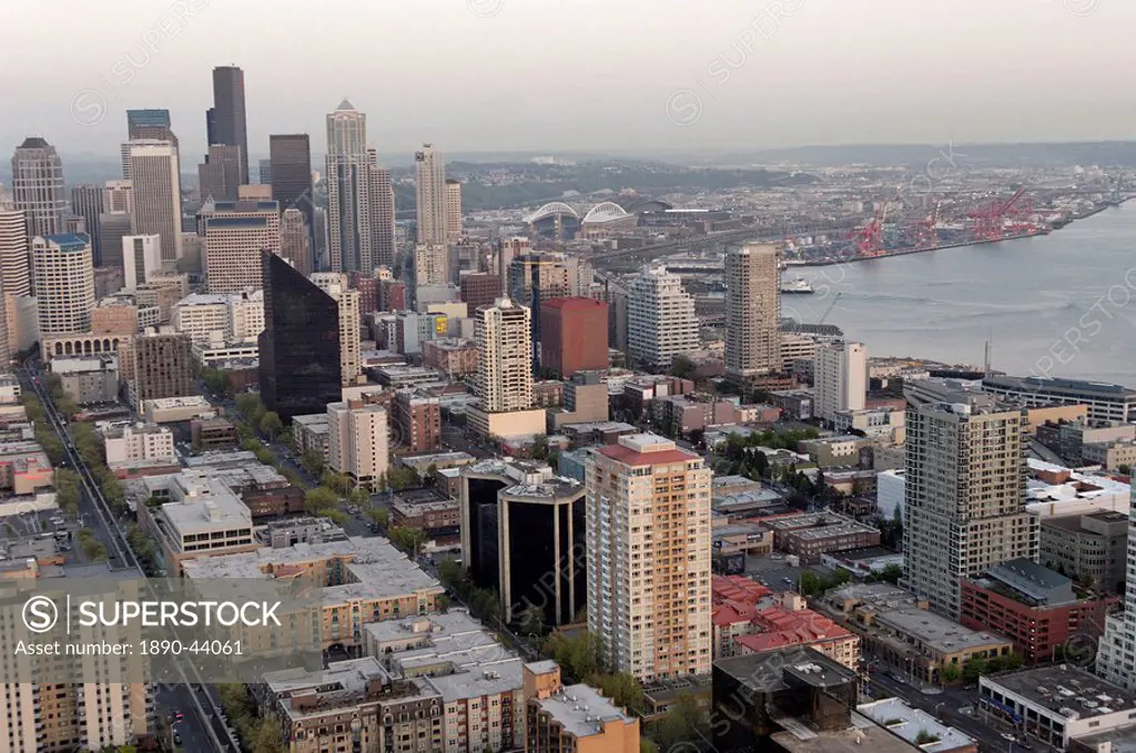 City overview from the observation deck of the Space Needle, 520 ft tall, Seattle, Washington State, United States of America, North America