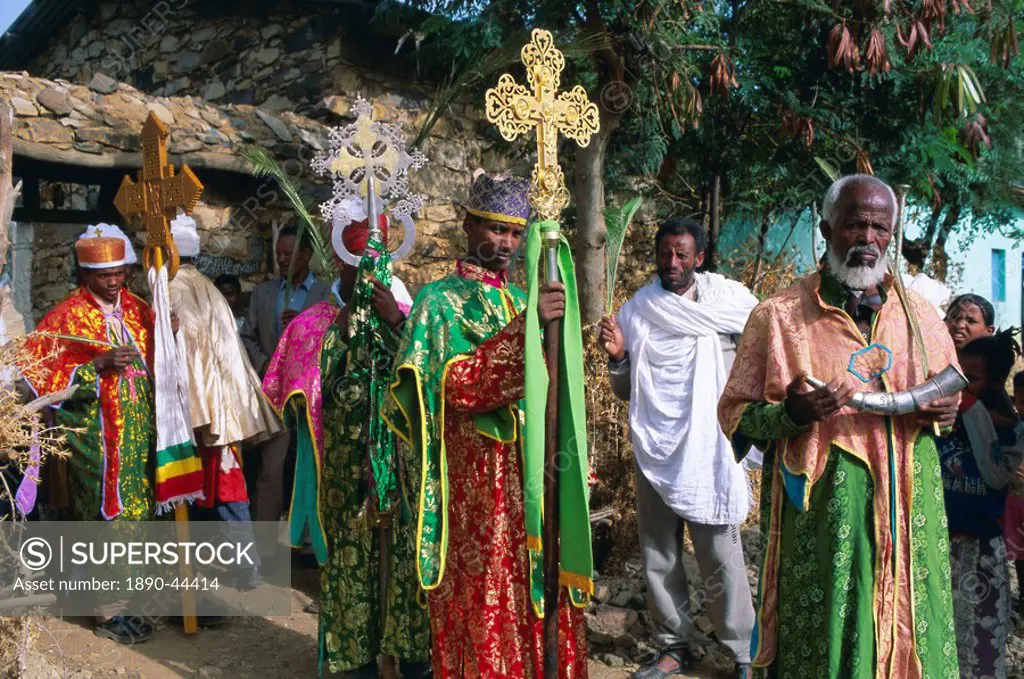 Procession of Christian men and crosses, Rameaux festival, Axoum Axum Aksum, Tigre region, Ethiopia, Africa
